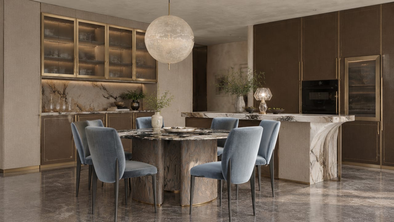 Poliform金属铜 × Molteni&C黄布纹|轻奢风 · 餐厅