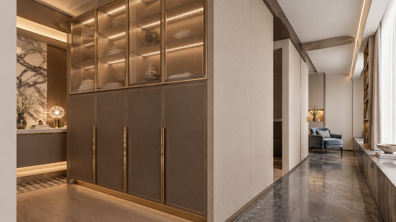 Poliform金属铜 × Molteni&C黄布纹|轻奢风 · 走廊