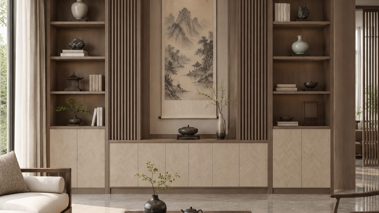 暖木拼花 × 昆仑桃灰|宋式美学 · 客厅
