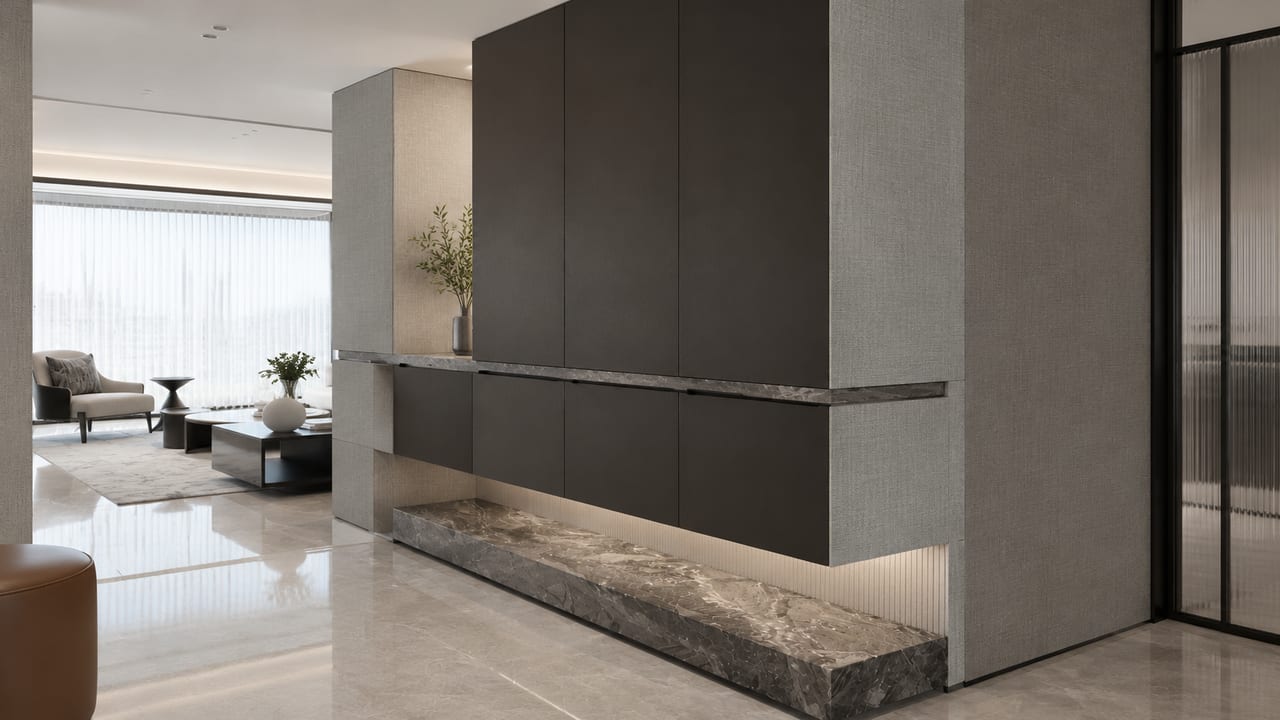 Poliform星耀灰 × 香奈尔灰布纹|意式极简 · 玄关