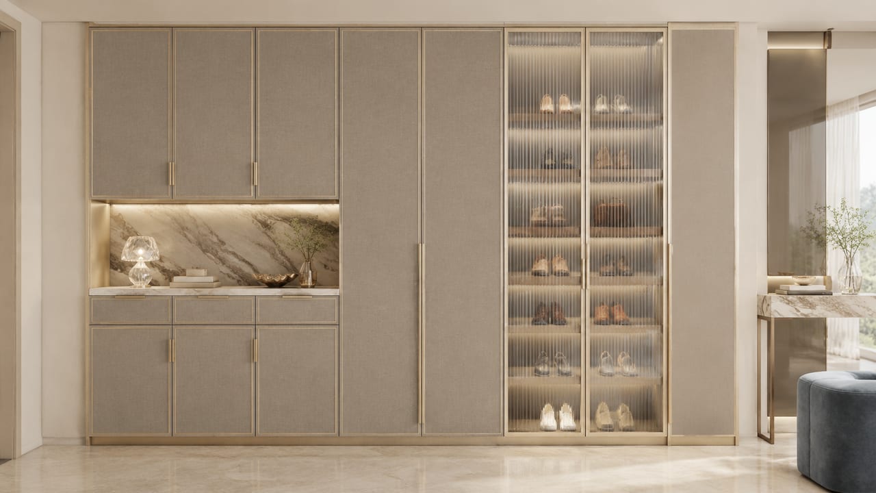 Molteni&C黄布纹 × Poliform金属白|轻奢风 · 玄关