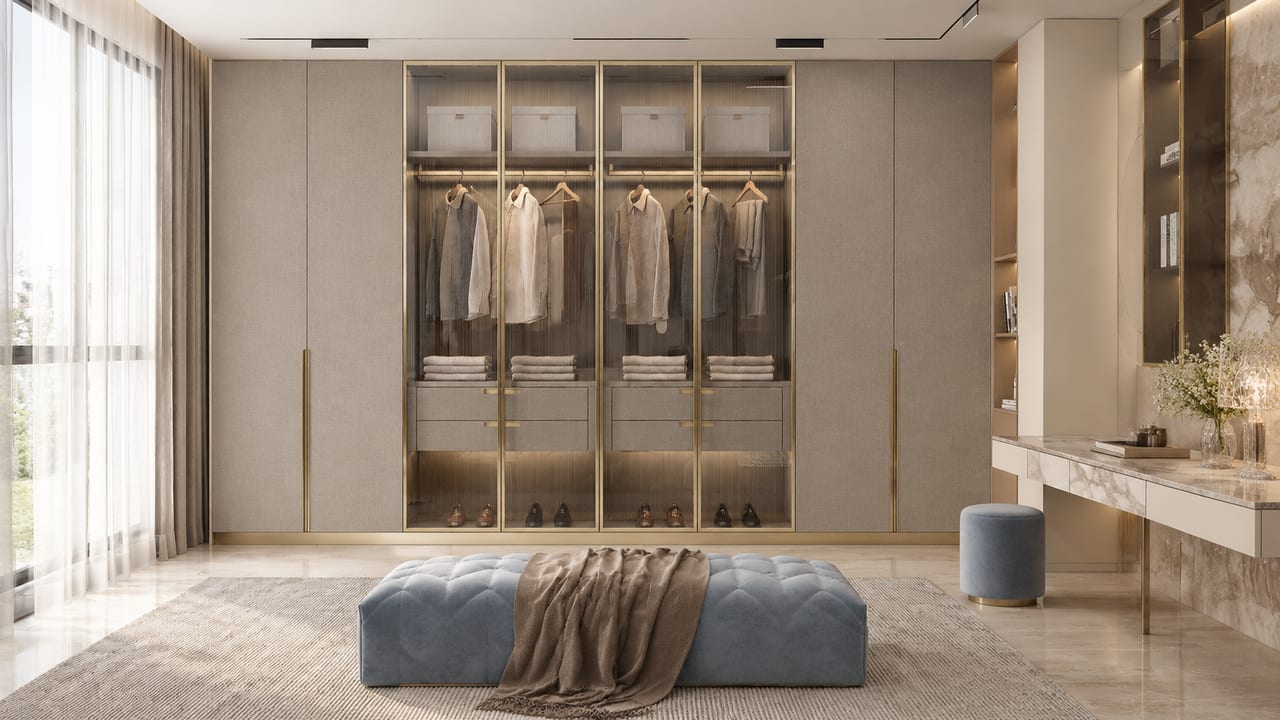 Molteni&C黄布纹 × Poliform金属白|轻奢风 · 衣帽间