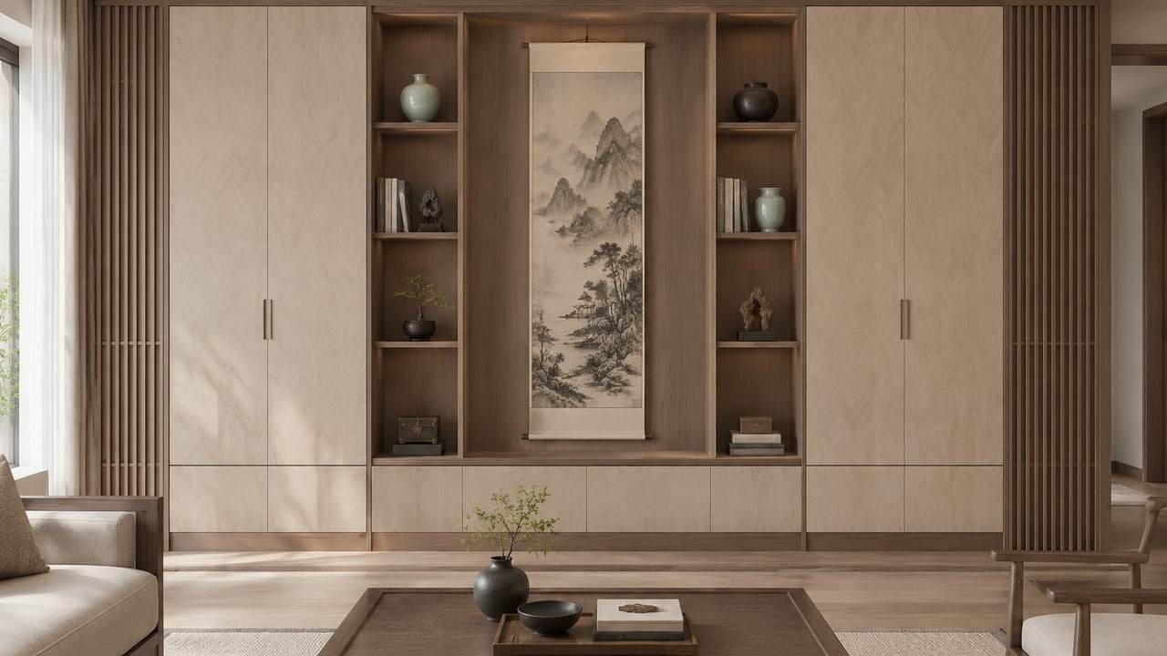暖木拼花 × 昆仑桃灰|宋式美学 · 客厅