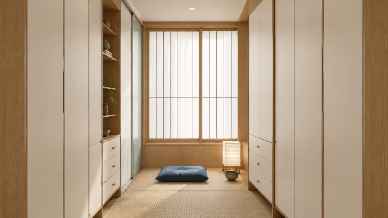 象牙白(皮纹) × 九洲金辉|日式风 · 衣帽间
