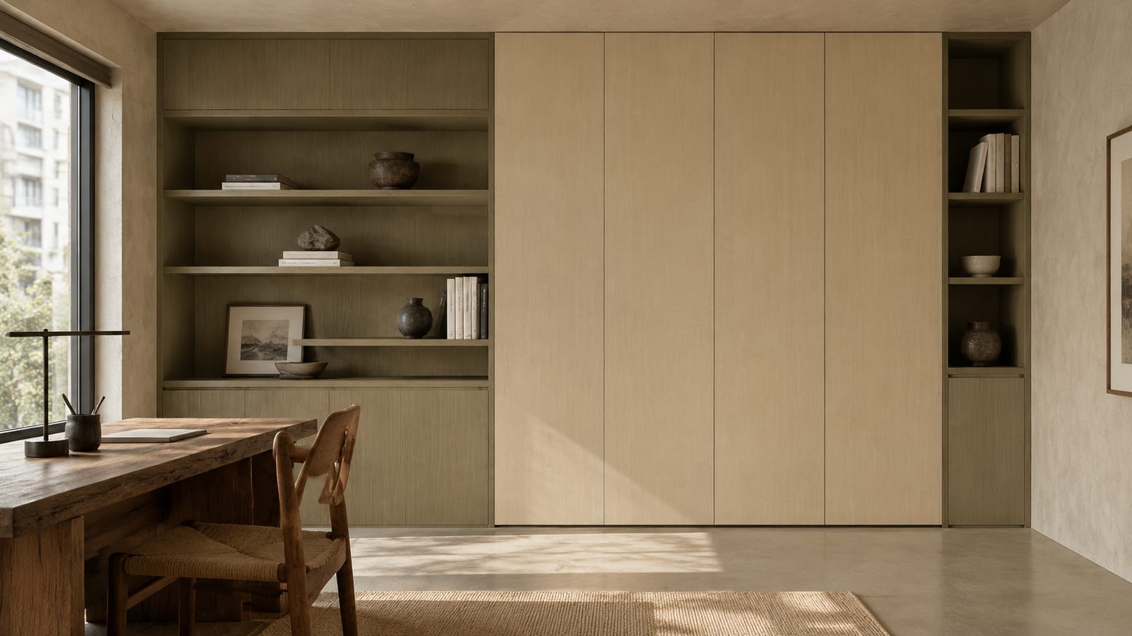 柔光木影 × 仿生秋水(立体网格)|侘寂风 · 书房