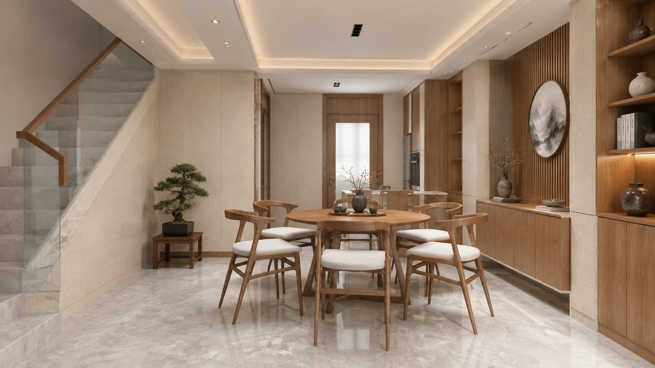 惠灵顿茶褐橡木 × 马卡龙布纹|宋式美学 · 餐厅