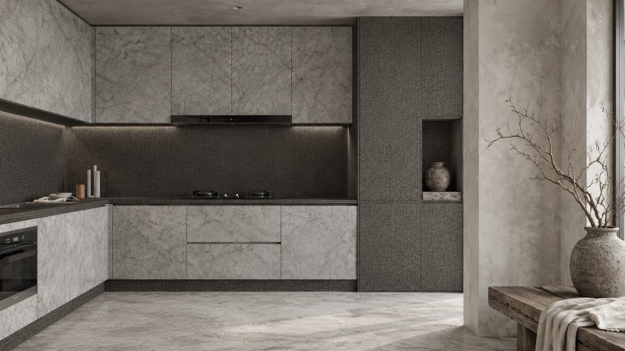 欧泊冰晶 × 黑白斜织布纹｜侘寂风 · 厨房