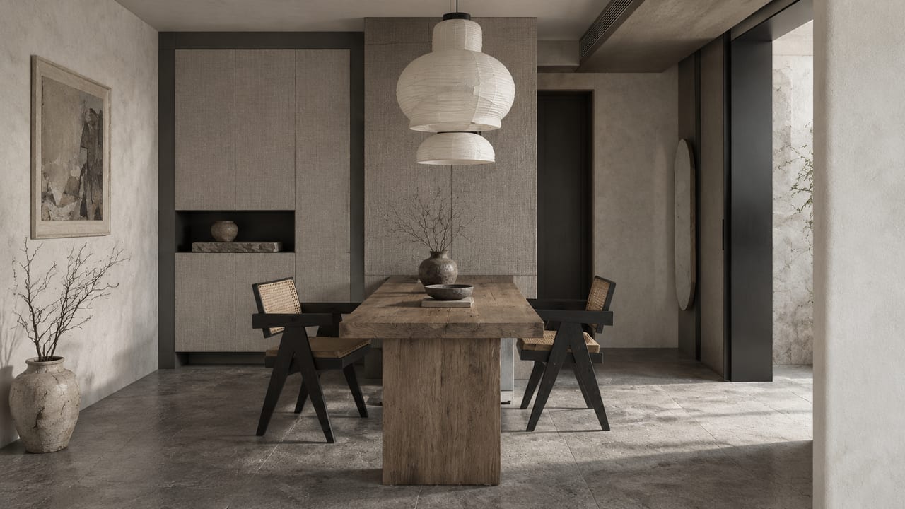 香奈尔粉布纹 × Poliform金属灰|侘寂风 · 餐厅
