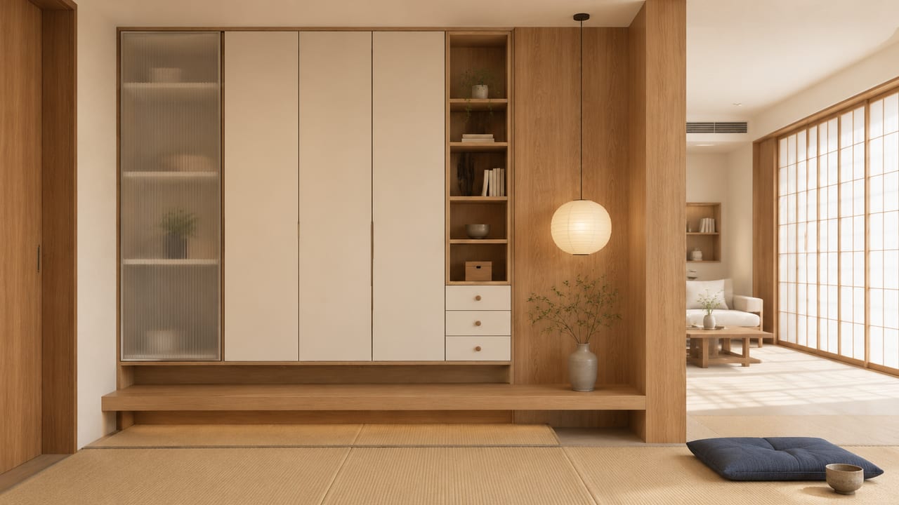 象牙白（皮纹） × 波尔多黄｜日式风 · 玄关