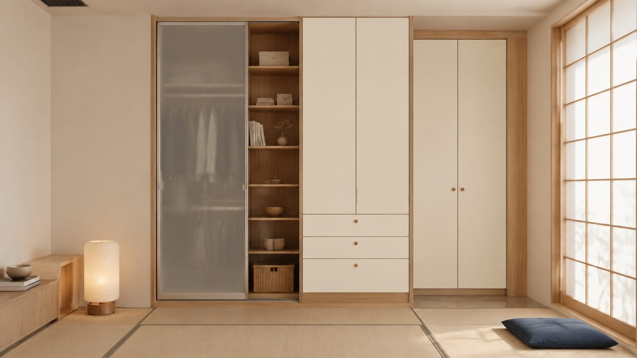 象牙白(皮纹) × 托盼黄橡|日式风 · 衣帽间