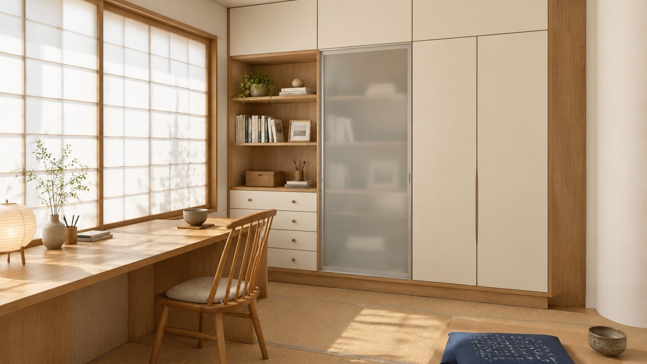 象牙白(皮纹) × 斧影沙黄|日式风 · 书房