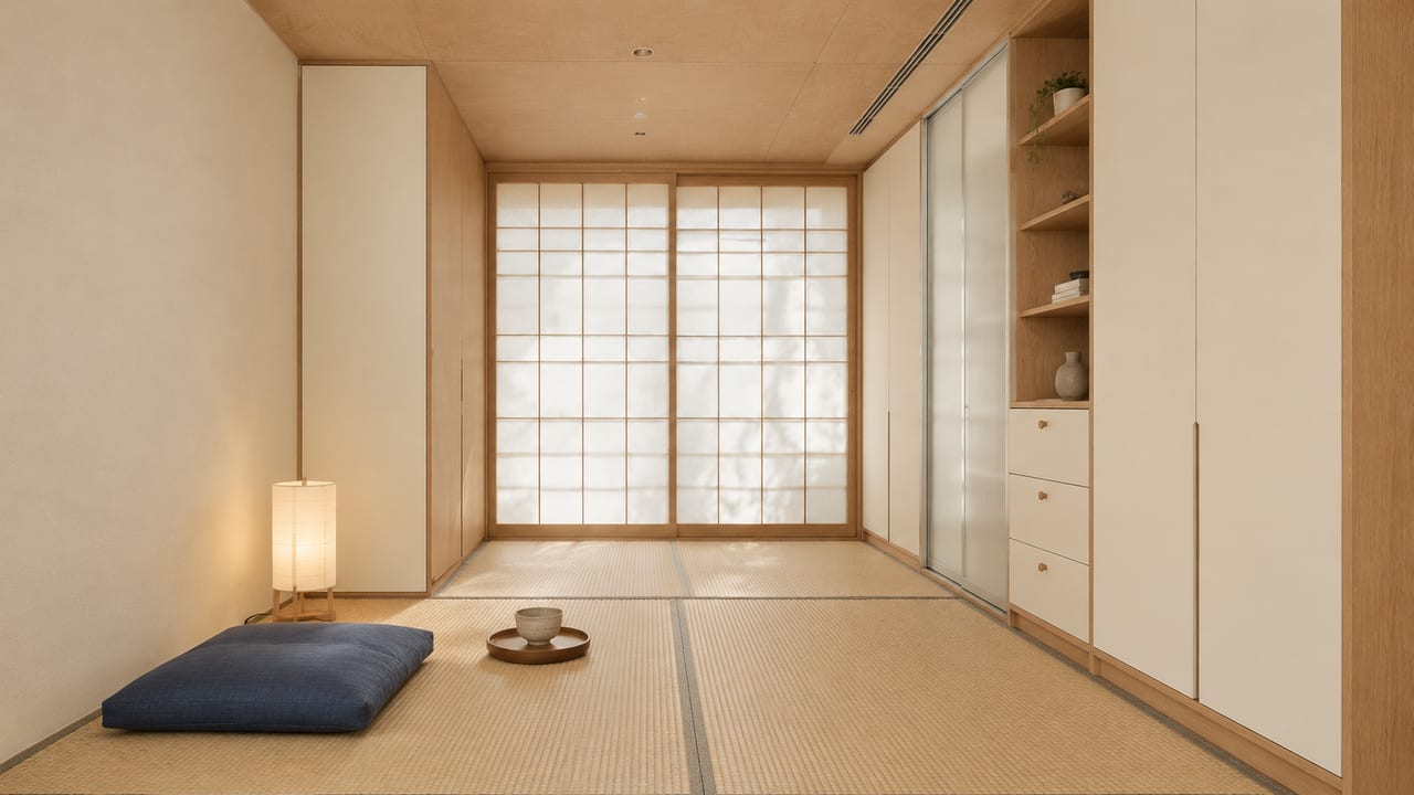 象牙白(皮纹) × 斧影沙黄|日式风 · 客厅