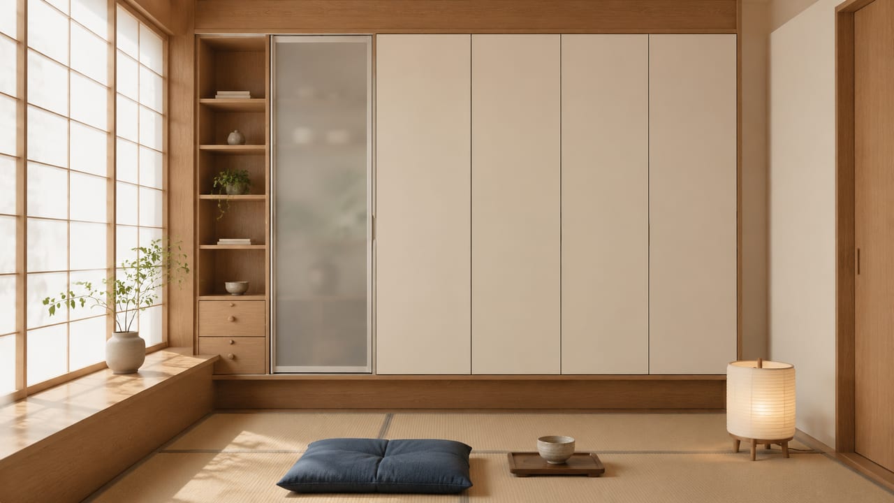 象牙白(皮纹) × 斧影沙黄|日式风 · 玄关