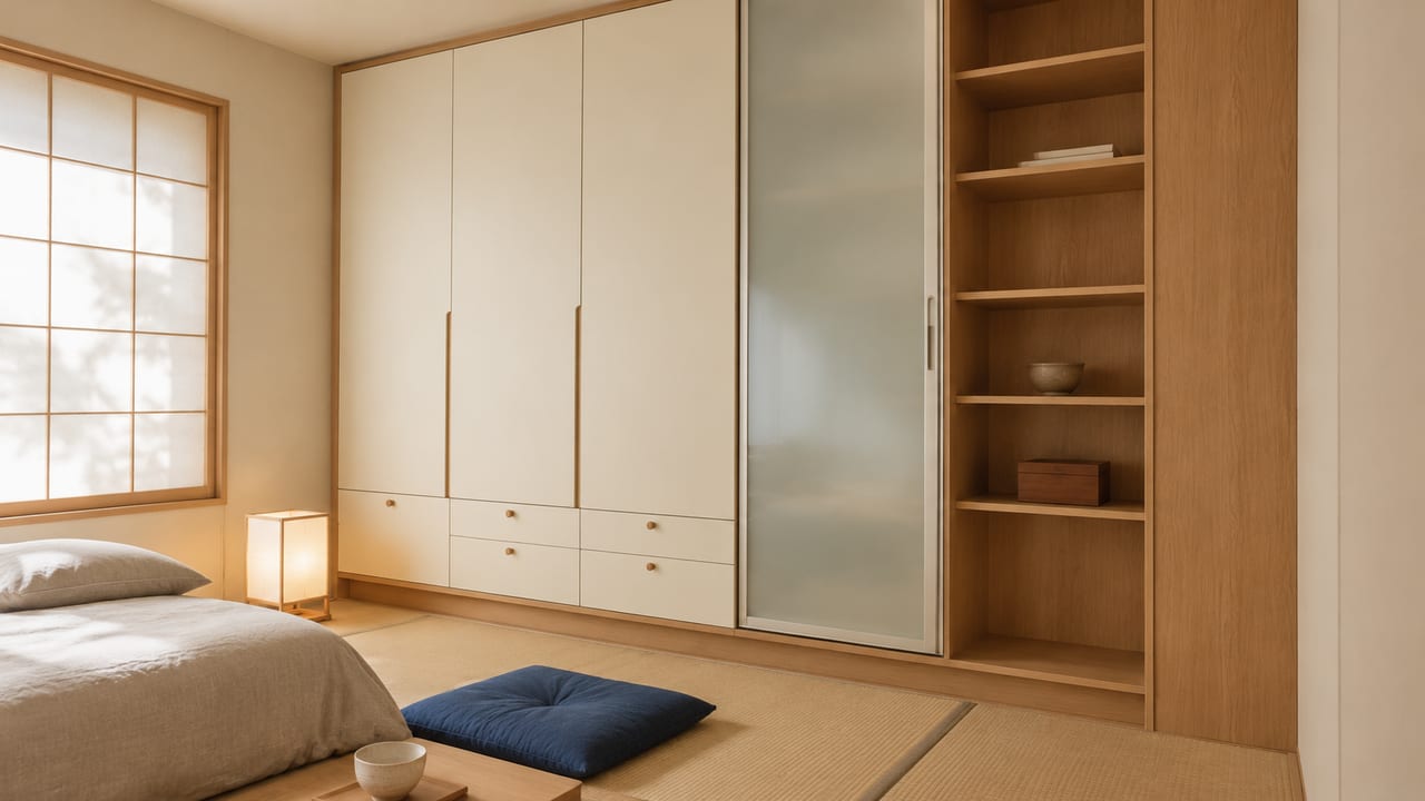 象牙白(皮纹) × 斧影沙黄|日式风 · 衣帽间