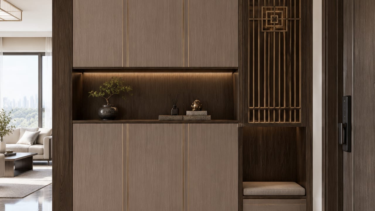 昆仑桃灰 × 可丽芙深橡｜新中式 · 玄关