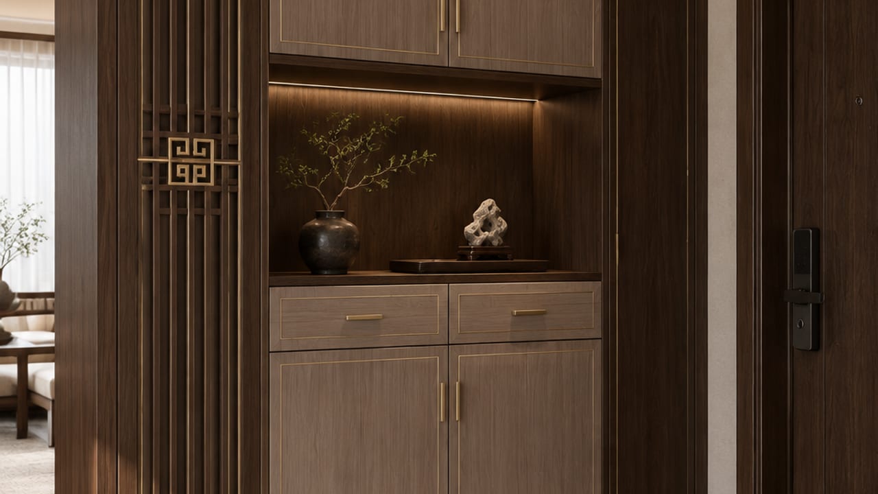 昆仑桃灰 × 奢雅马棕｜新中式 · 玄关