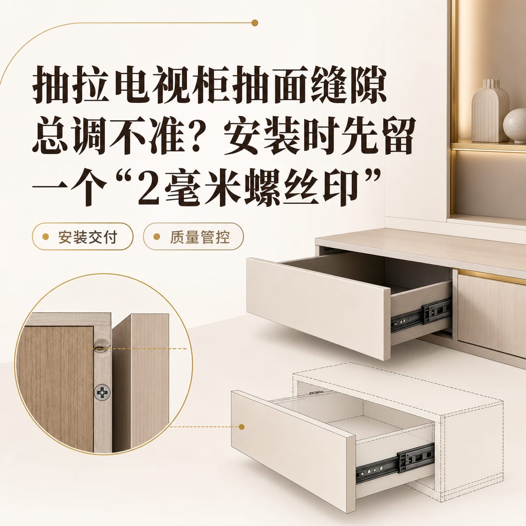 抽拉电视柜抽面缝隙总调不准?安装时先留一个“2毫米螺丝印”