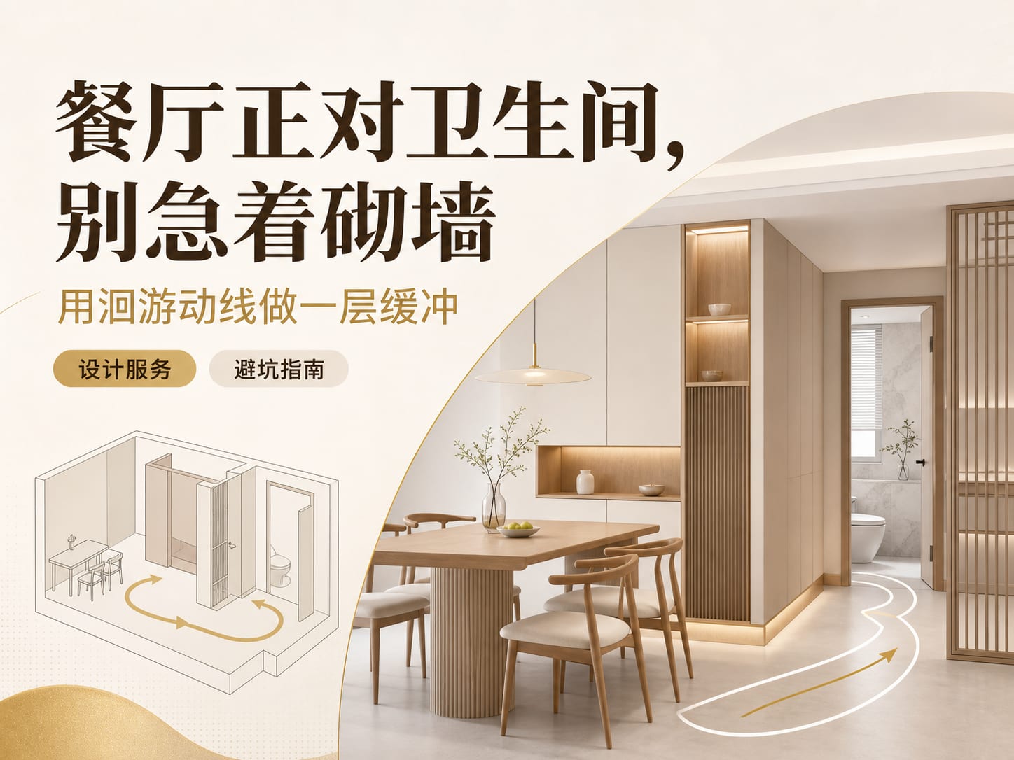 餐厅正对卫生间，别急着砌墙：用洄游动线做一层缓冲