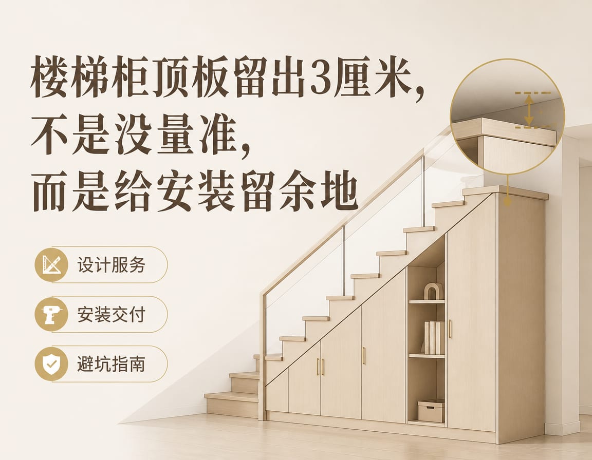 楼梯柜顶板留出3厘米,不是没量准,而是给安装留余地