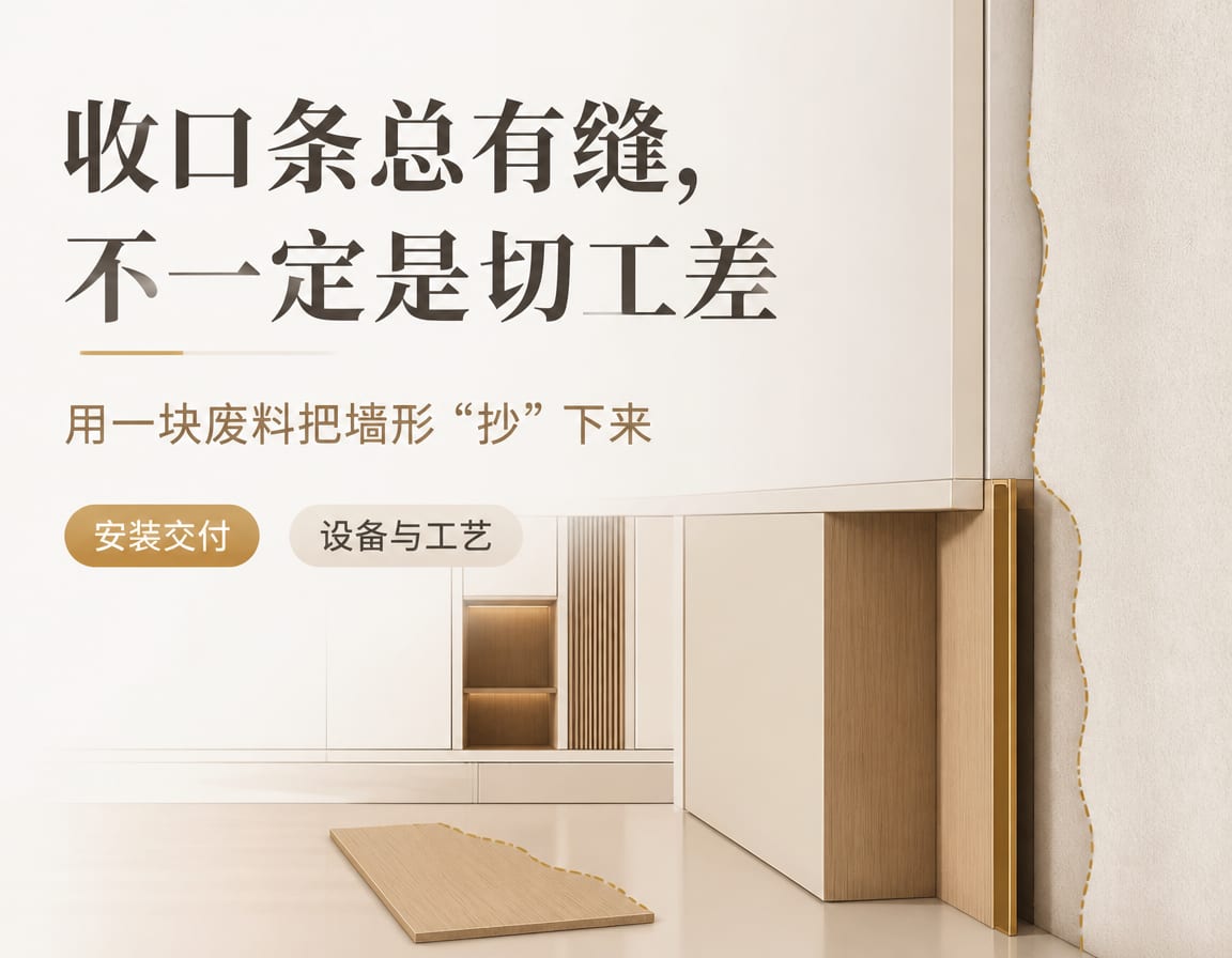 收口条总有缝,不一定是切工差:用一块废料把墙形“抄”下来