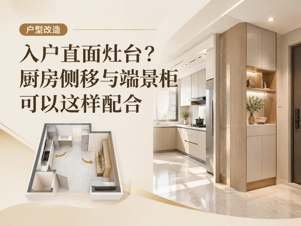 入户直面灶台？厨房侧移与端景柜可以这样配合