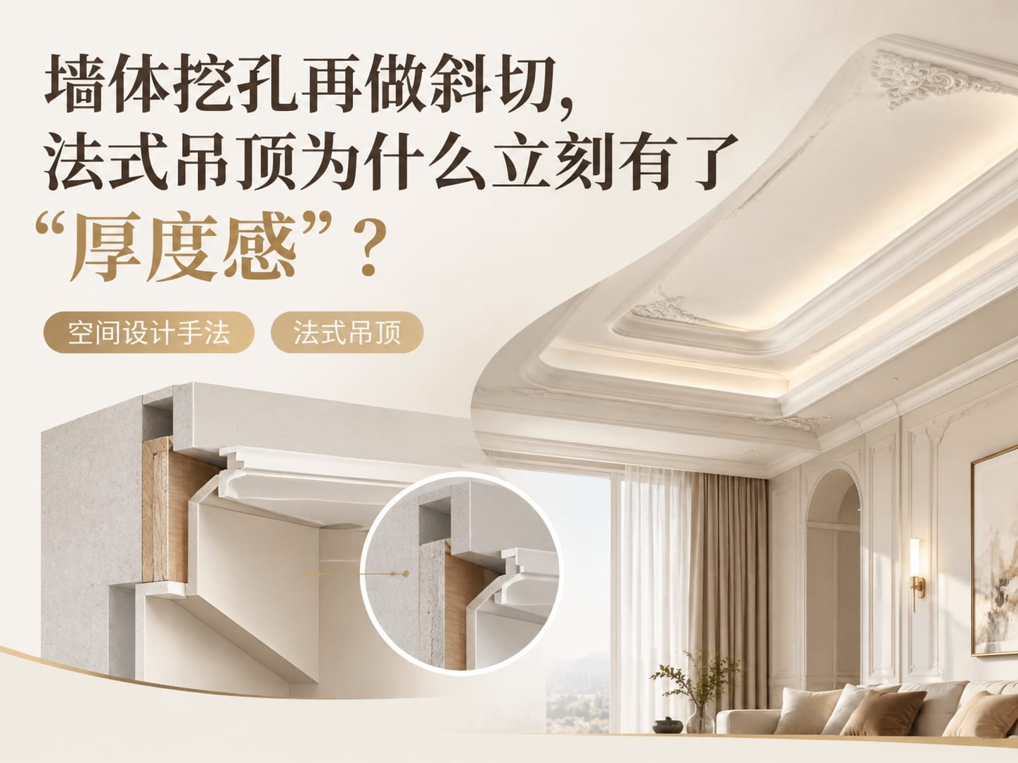 墙体挖孔再做斜切，法式吊顶为什么立刻有了“厚度感”？