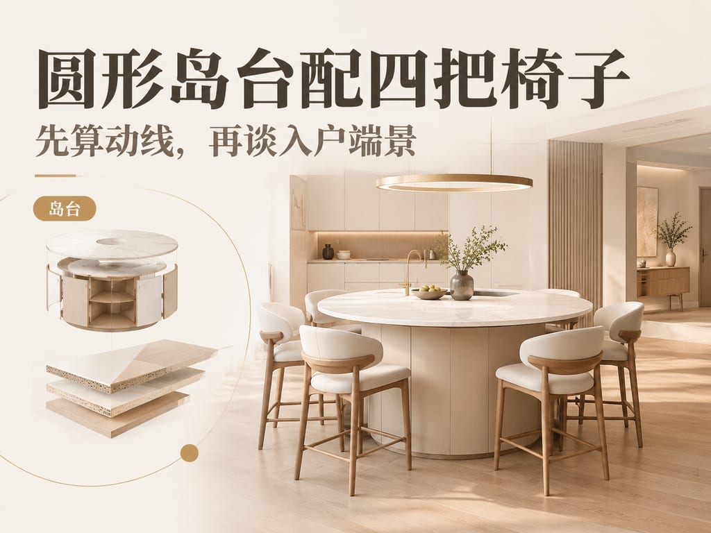 圆形岛台配四把椅子:先算动线,再谈入户端景