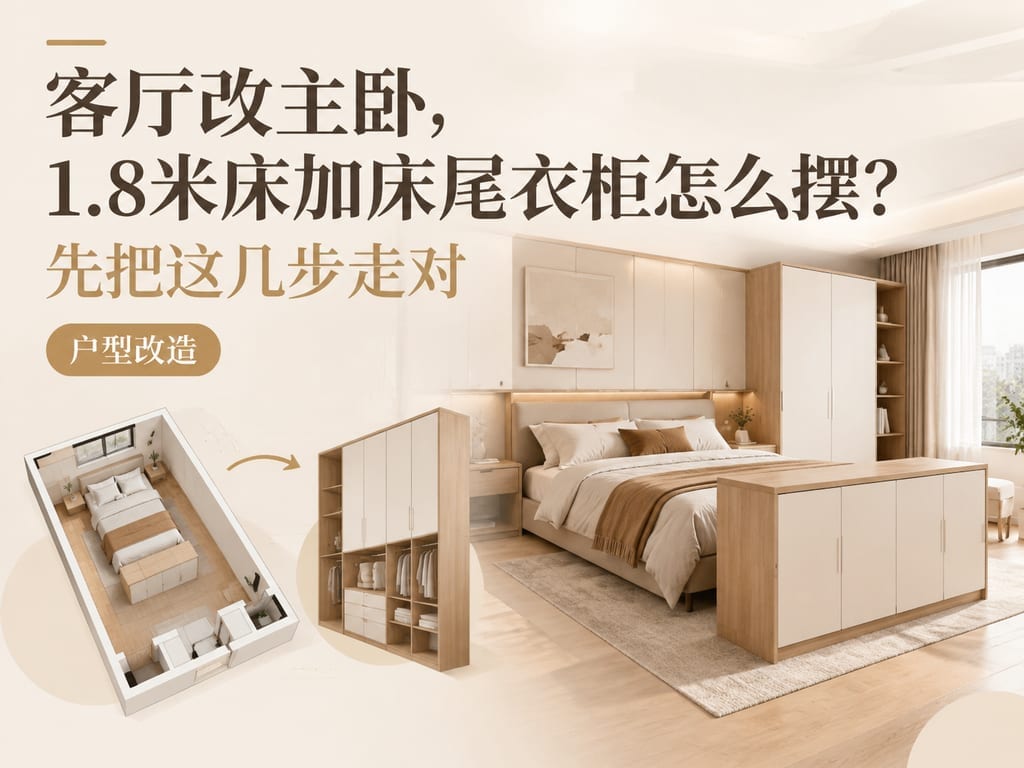客厅改主卧,1.8米床加床尾衣柜怎么摆?先把这几步走对