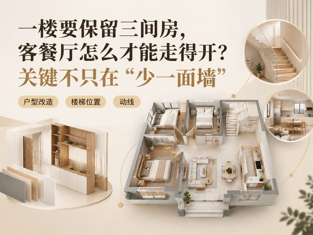 一楼要保留三间房，客餐厅怎么才能走得开？关键不只在“少一面墙”