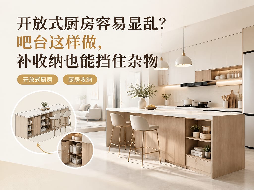 开放式厨房容易显乱？吧台这样做，补收纳也能挡住杂物
