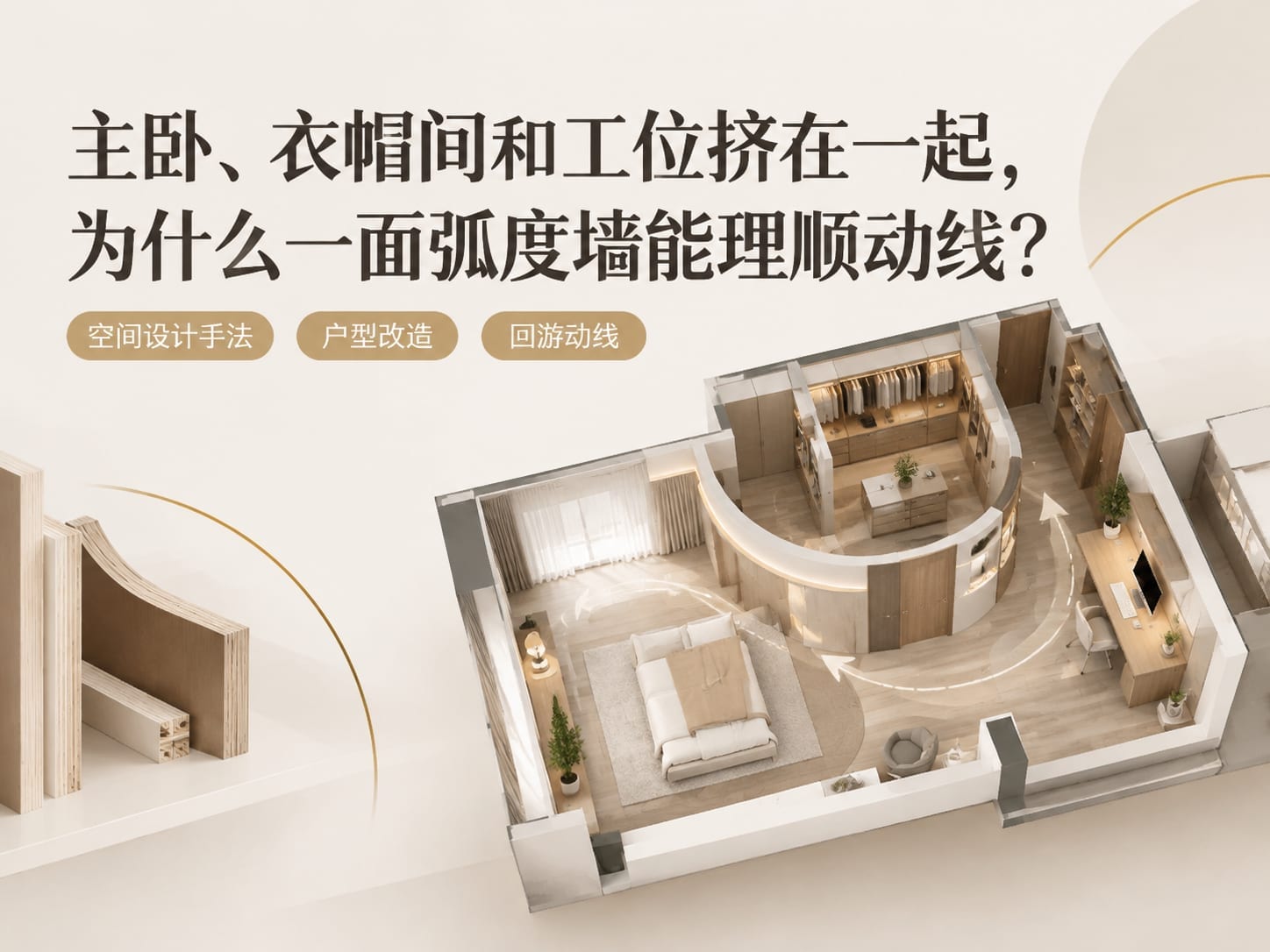 主卧、衣帽间和工位挤在一起，为什么一面弧度墙能理顺动线？