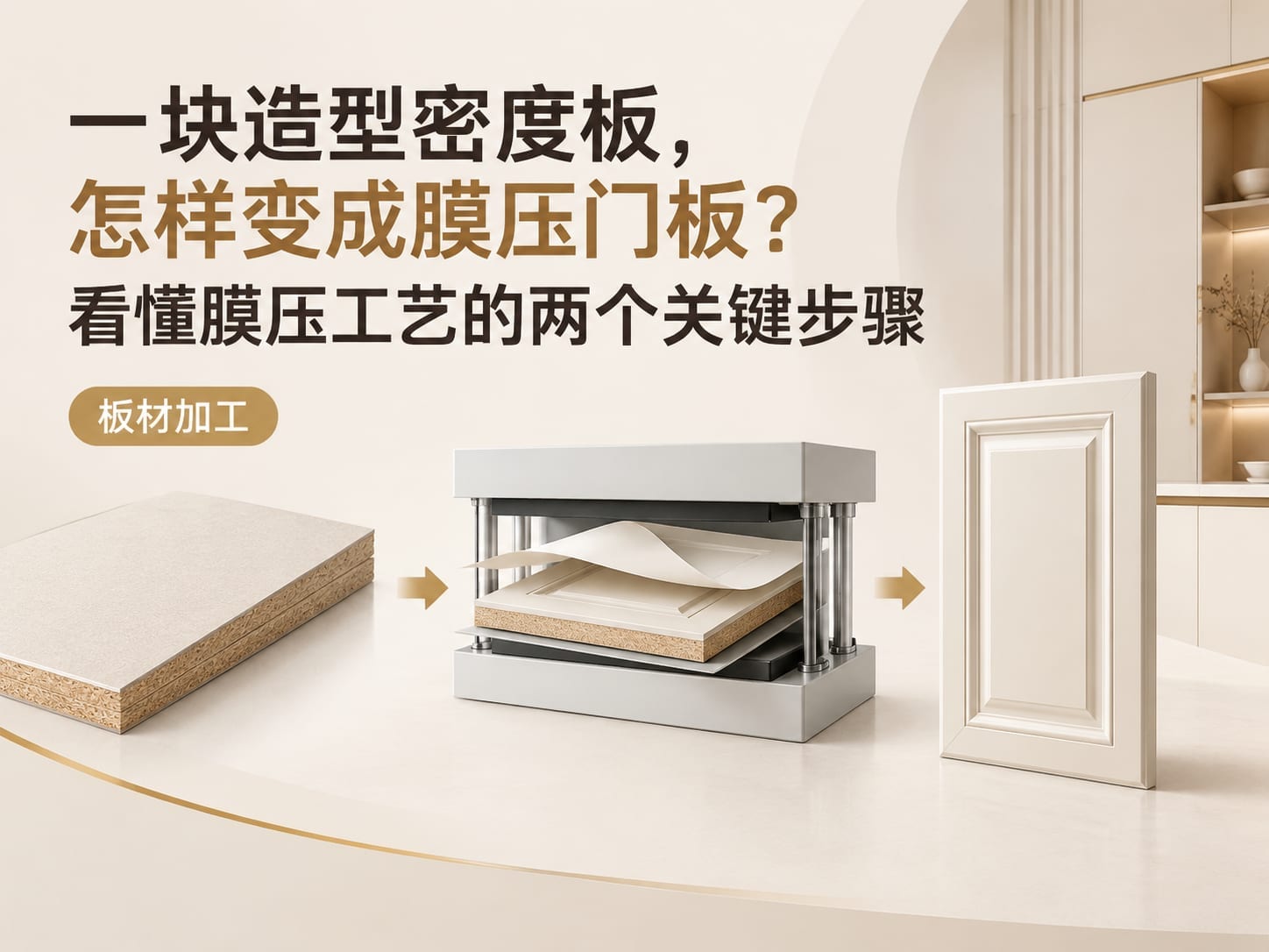 一块造型密度板，怎样变成膜压门板？看懂膜压工艺的两个关键步骤